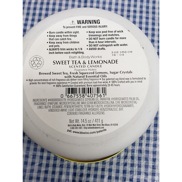 BBW Sweet Tea & Lemonade Large 3 Wick Candle Home Fragrance Decor - Picture 2 of 2